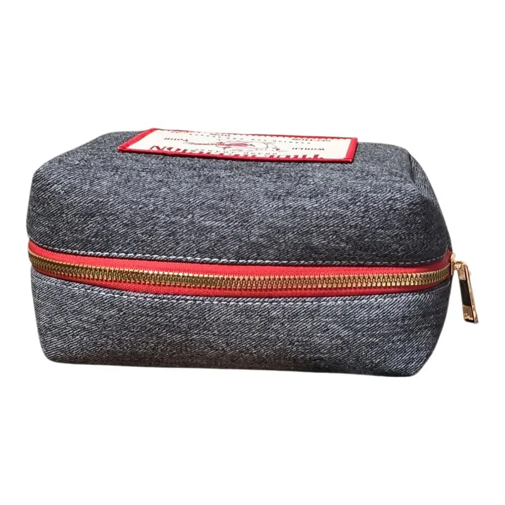 True Religion Black Heather Denim Canvas World Patch Cosmetic Travel Bag NWT
